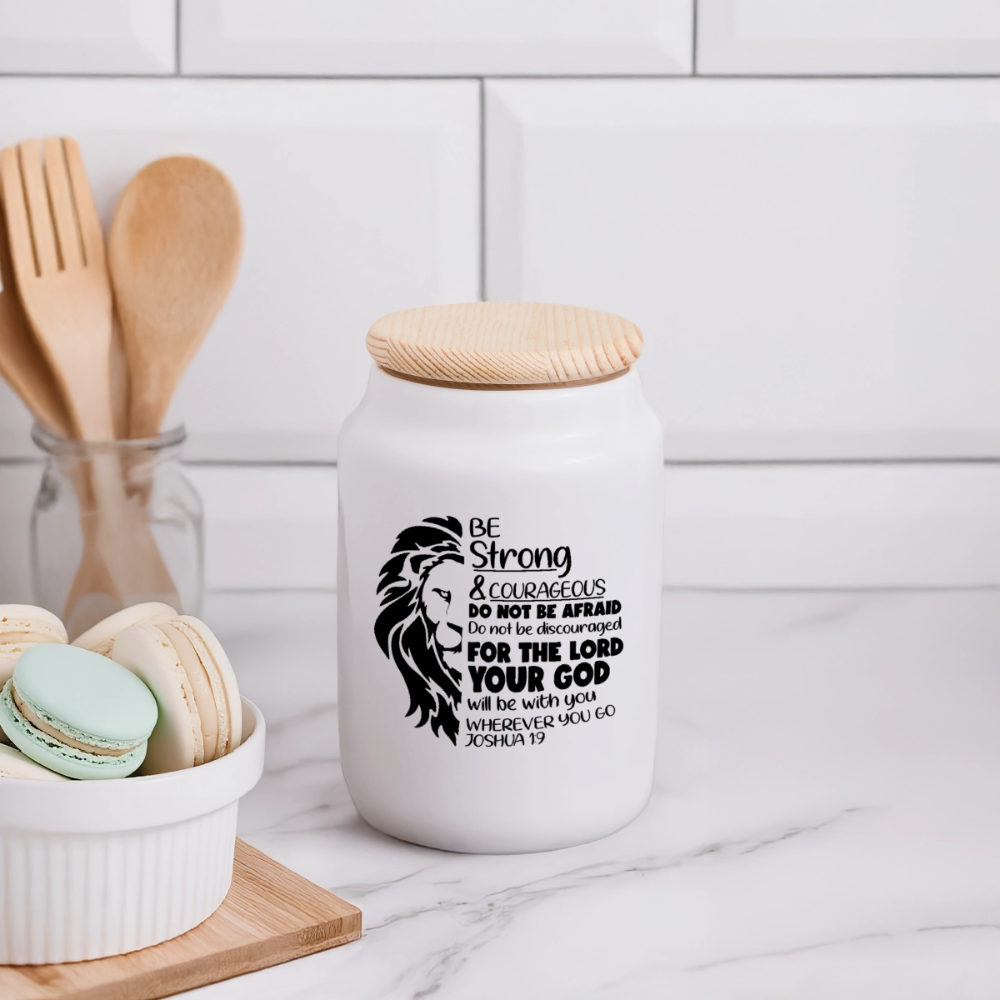 Strong & Courageous Cookie Jar with Wooden Lid - white