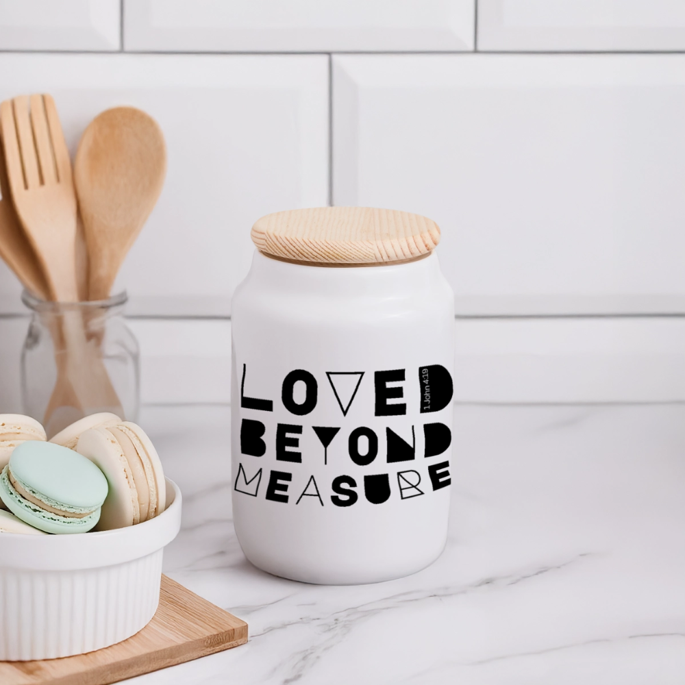 Loved Beyond Measure Cookie Jar with Wooden Lid - white