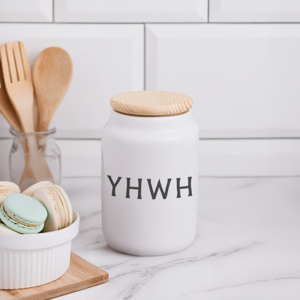 YHWH Cookie Jar with Wooden Lid - white