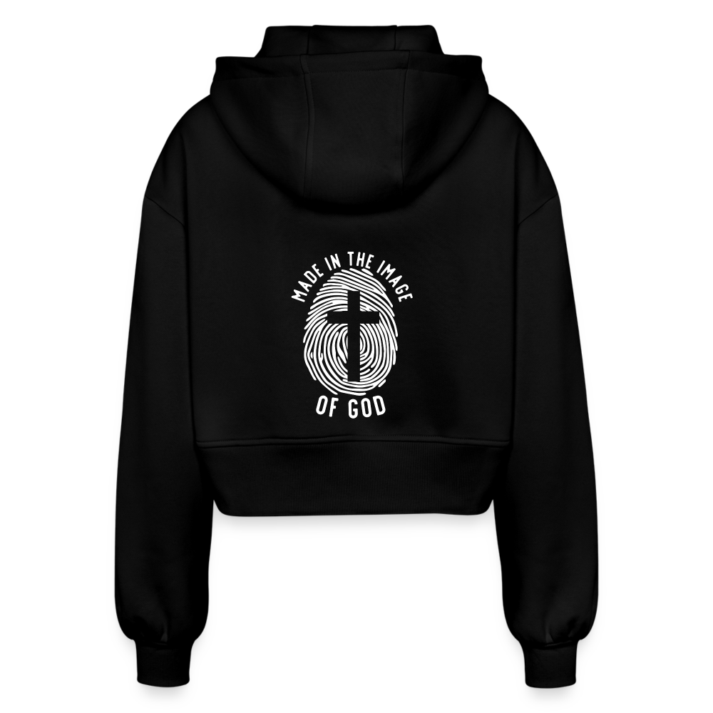 Made in the image of God Women’s Oversized Cropped Hooded Jacket - black