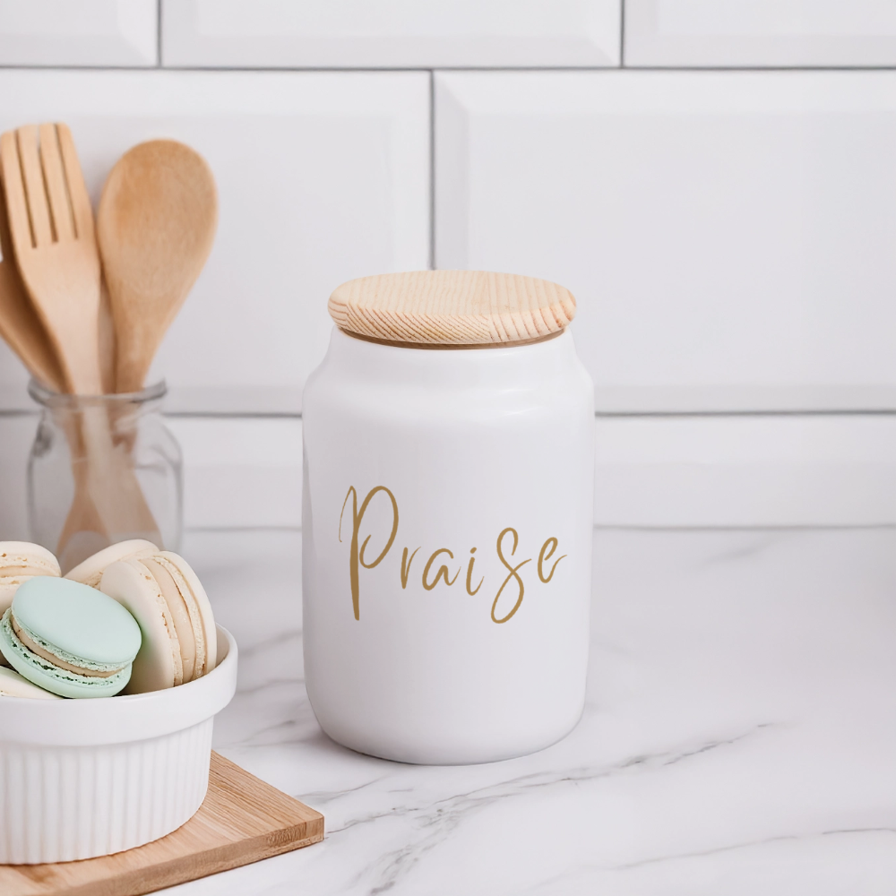 Praise Cookie Jar with Wooden Lid - white